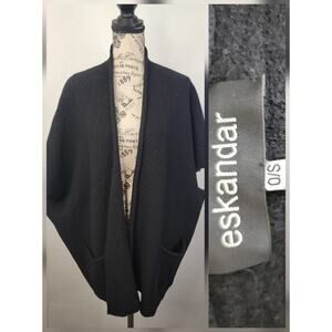 Eskandar 100% Merino Wool Knit Poncho Cape One Size OS Oversized Pockets Black
